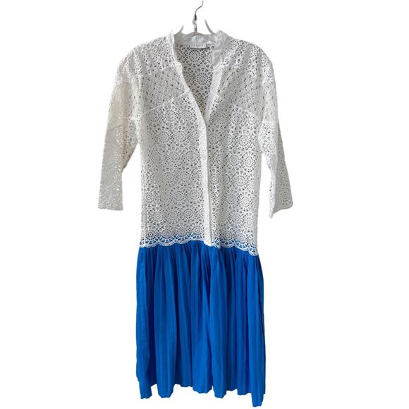 Sandro Paris Sz 6 US 36 FR Maca Eyelet Lace Pleated Skirt Midi Dress White Blue - Picture 1 of 12